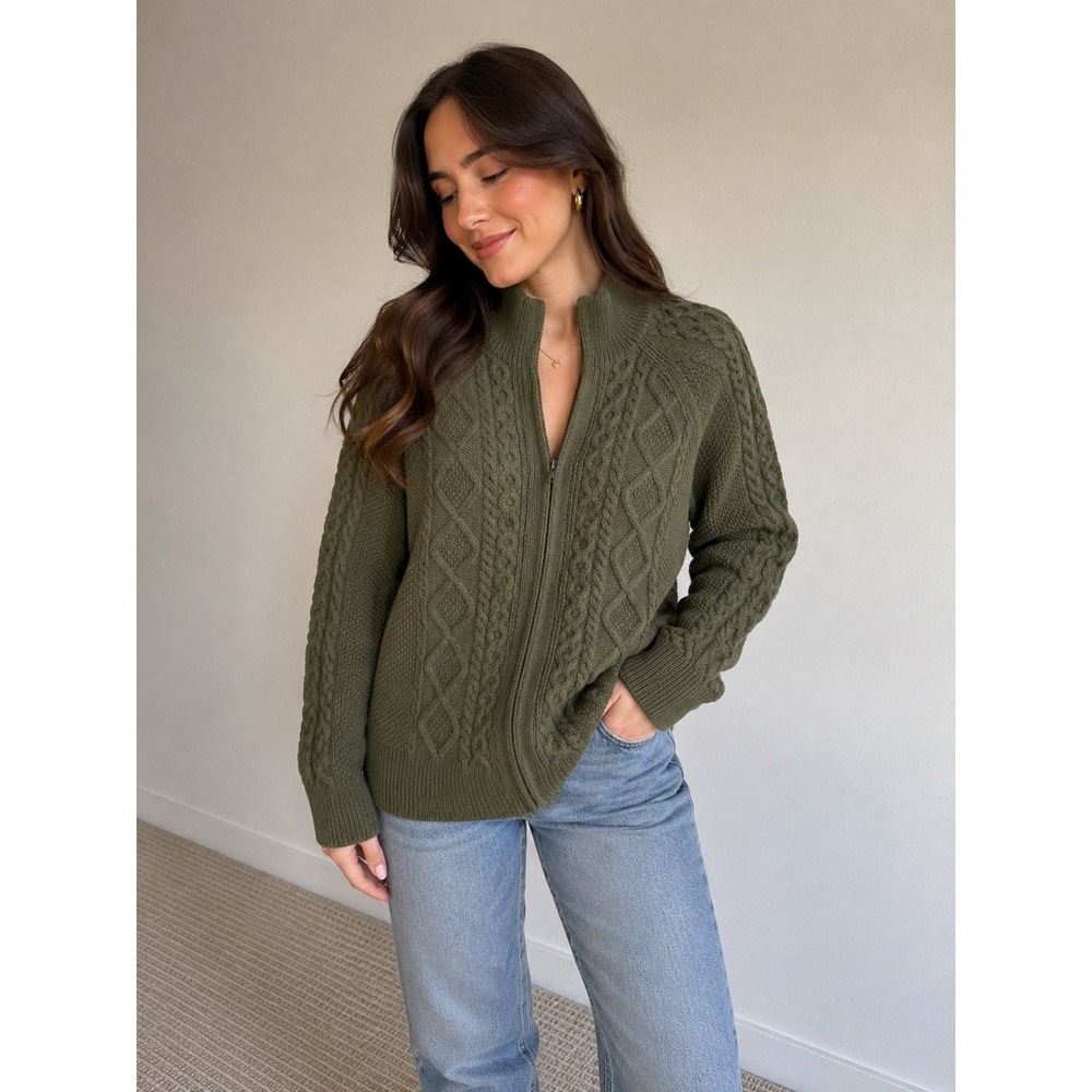 J. McLaughlin Olive Green 100% Superfine Wool Cable Knit Zip Up Cardigan L